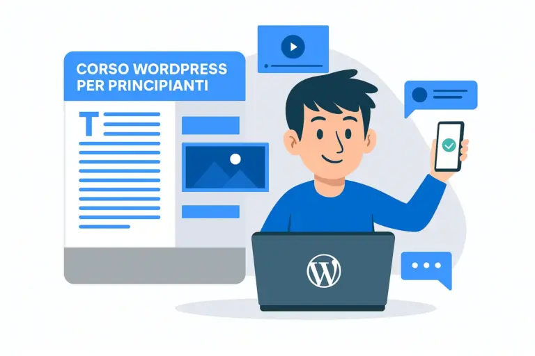 Ragazzo che impara a creare un sito con WordPress, corso base online per principianti