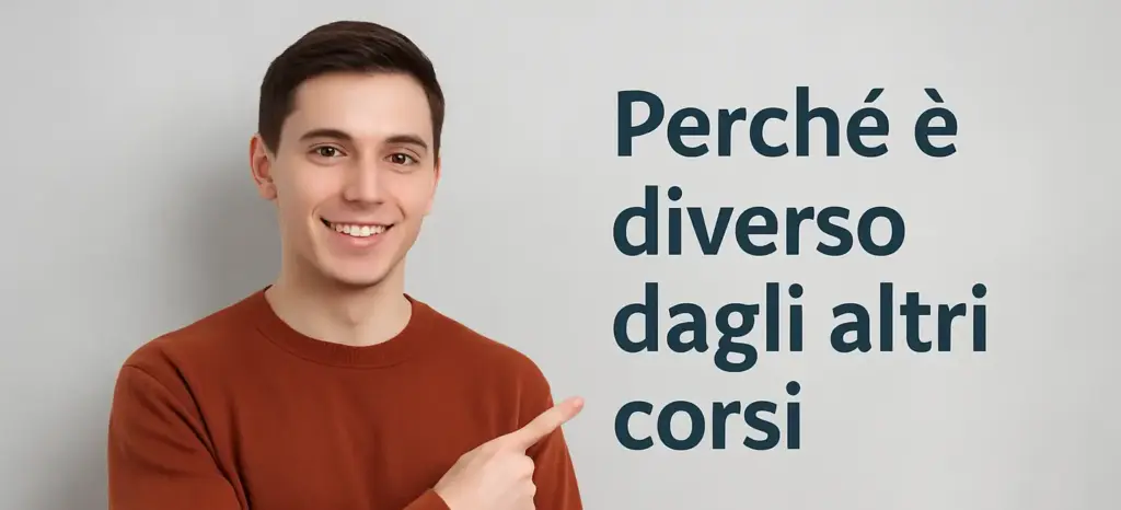 Ragazzo che indica il testo “Perché è diverso dagli altri corsi” su sfondo chiaro