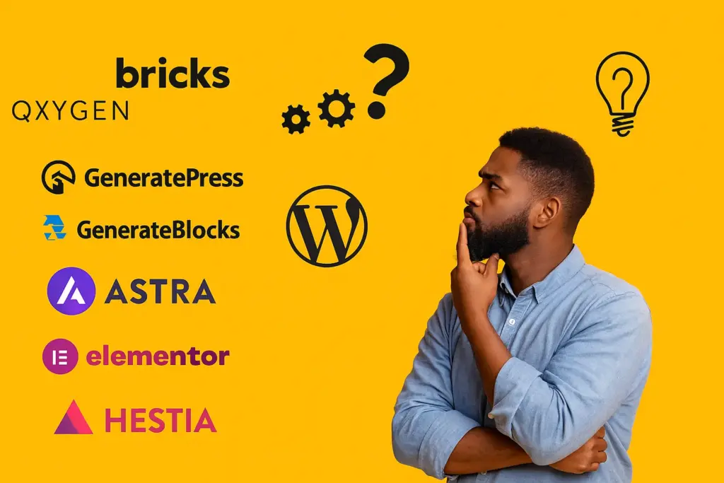 Uomo pensieroso che confronta i migliori temi e page builder per WordPress come Astra, Elementor, GeneratePress e altri.
