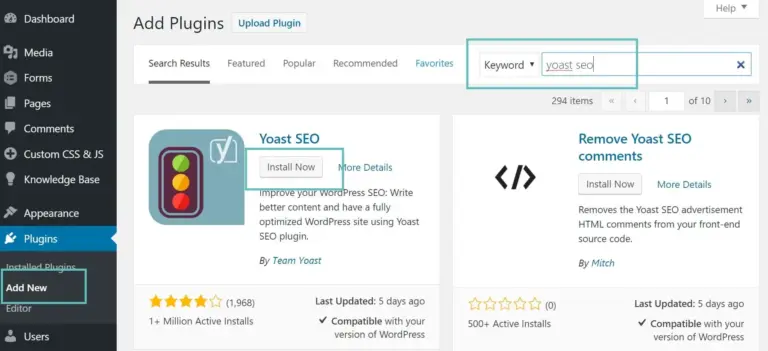 Schermata della dashboard di WordPress con ricerca e installazione del plugin Yoast SEO