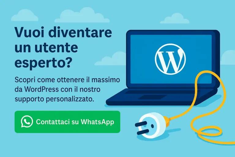Illustrazione colorata con icona plugin e call to action “Contattaci su WhatsApp per diventare un utente esperto WordPress”