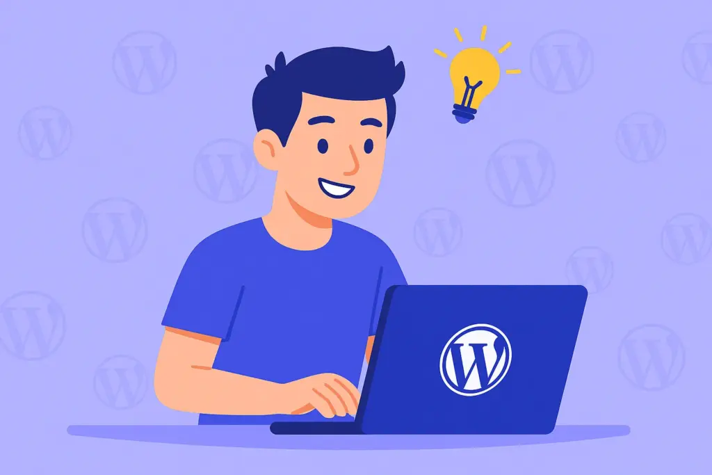 Giovane ragazza felice mentre scrive su WordPress, con una lampadina sopra la testa che simboleggia un'idea, colori viola e blu 